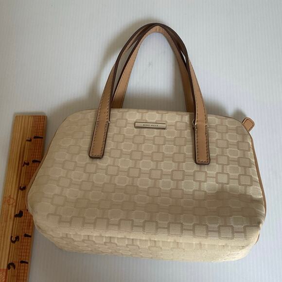 Nine West Beige Canvas Satchel Purse Handbag Top Handle Bag Mini Bag Cute - Picture 7 of 9